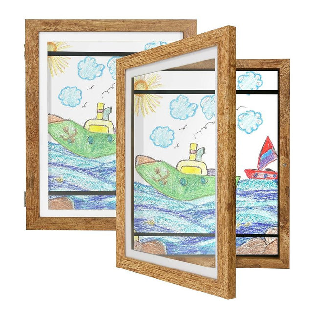 iRahmen Kids Artwork Frame Set of 2 - 8.5x11 Front Opening Childrens Art Frames Changeable, Brown Artwork Display Storage Frame for Wall Mount, Magnetic Door Holds 50 Art Pieces for Drawings, 3D Picture, Crafts, Portfolio