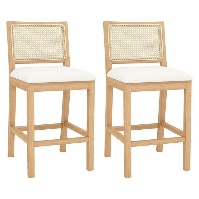 Westice Rattan Bar Stools Set of 2, 26" Farmhouse Counter Height Stools with Natural Rattan Back and Wood Frame, Upholstered Line Fabric Seat Cushion, Wooden Stools for Kitchen Island/Pub, Natural
