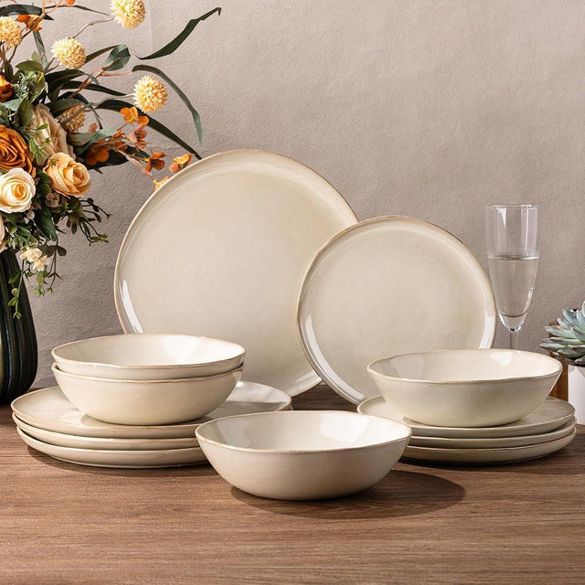 AmorArc Ceramic Dinnerware Sets,Handmade Reactive Glaze Stonewre Plates and Bowls Sets,Highly Chip and Crack Resistant | Dishwasher & Microwave Safe Dishes Set,Service for 4 (12pc)