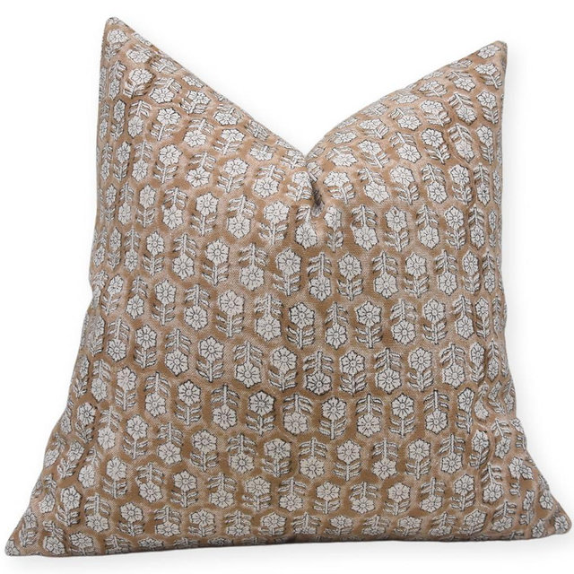Fabritual Handmade Block Print 14X14 Inch Duck Canvas Cotton Throw Pillowcase Cushion Cover, Fall Season, Decoration for Sofa, Bed and Couch (Tulsi Buti-Camel Brown)