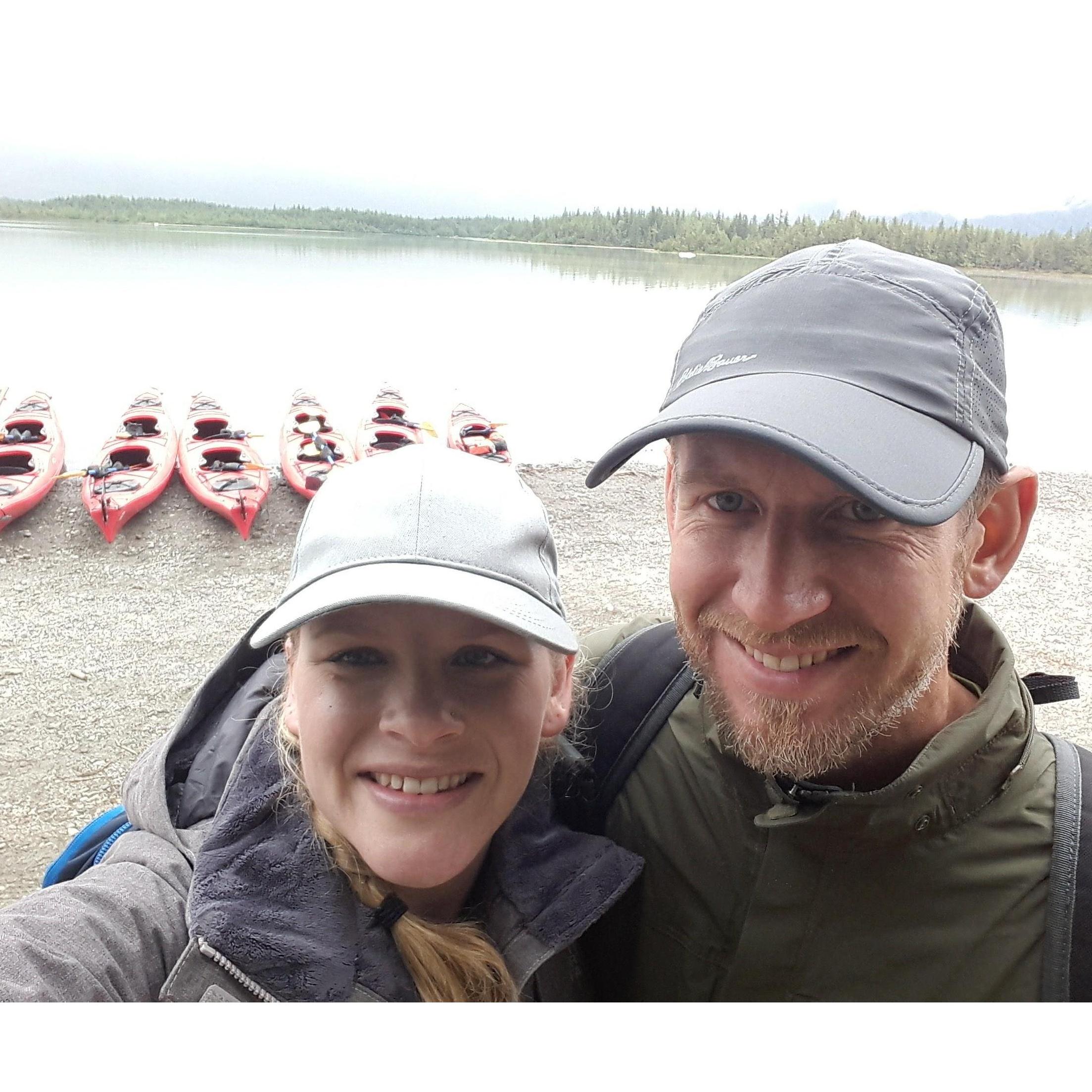 Kayaking at the base of Mendenhall Glacier. Our first (and probably last!) time in a two person kayak!