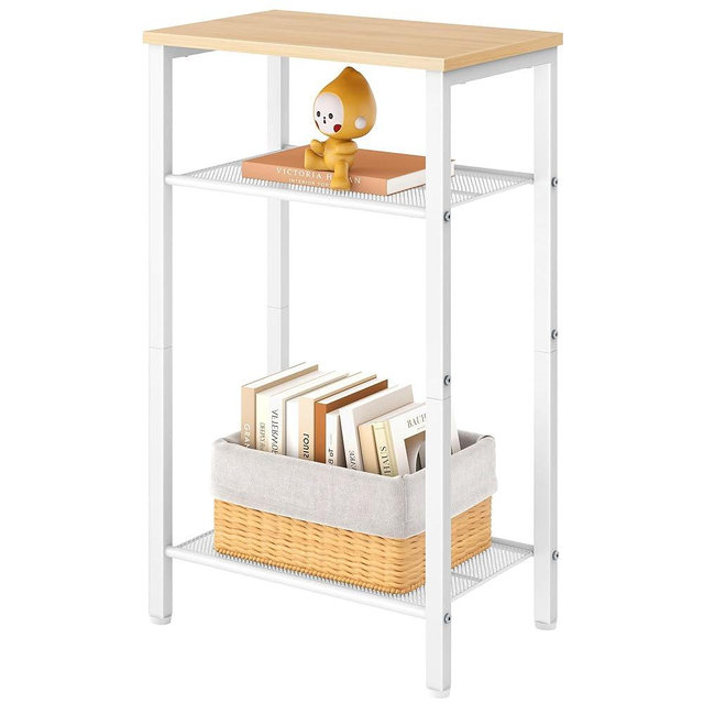 Hoctieon 3 Tier End Table, Telephone Table, Narrow Side Table with Storage, Nightstand for Small Spaces, Metal Frame, for Living Room, Bedroom, Sofa Couch, Hall, Easy Assembly, White and Yellow Oak