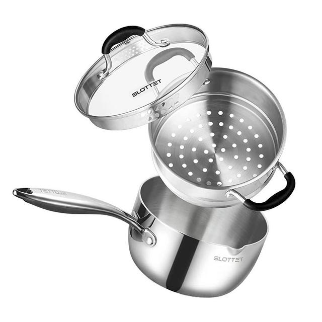 SLOTTET Tri-Ply Whole-Clad Stainless Steel Saucepan with Steamer,2.5 Qt Small Multipurpose Pot with Pour Spout,Strainer Glass Lid, 2Quart Sauce Pan for Cooking with Stay-cool Handle.