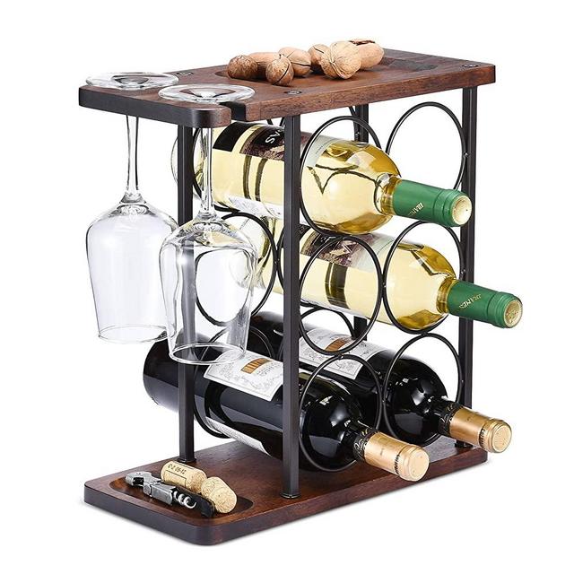 Wine Rack with Glass Holder, Countertop Wine Rack, Wooden Wine Holder with Tray, Perfect for Home Decor & Kitchen Storage Rack etc (Hold 6 Bottles and 2 Glasses )