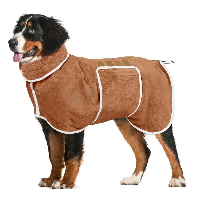Dog Bathrobe Towel Dog Drying Coat - Super Absorbent Towels Bath Robe for Dogs Large, Soft Adjustable Collar & Belly Strap Fast Drying Coat Pet Cat Bath Robe (Brown, X-Large)