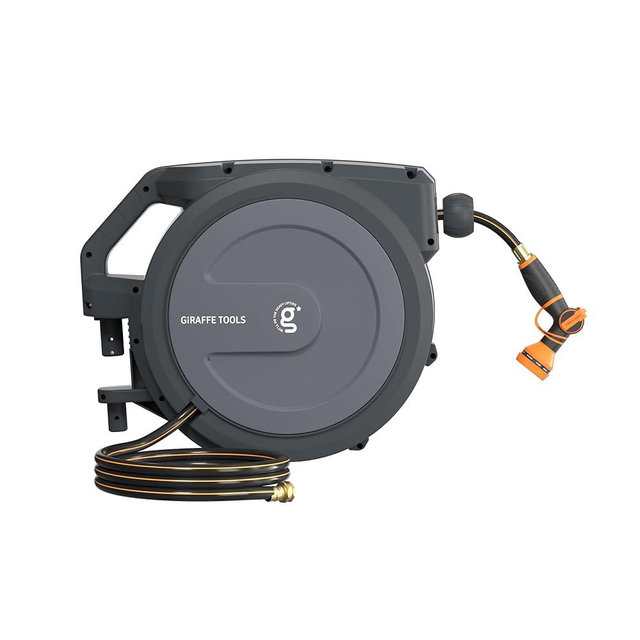 Giraffe Tools PRO Heavy Duty Retractable Garden Hose Reel - 78ft 1/2 Inch Auto Rewind with Any-Length Lock, Wall Mounted Metal Bracket, Commercial Grade for Patio & Lawn (Dark Grey)