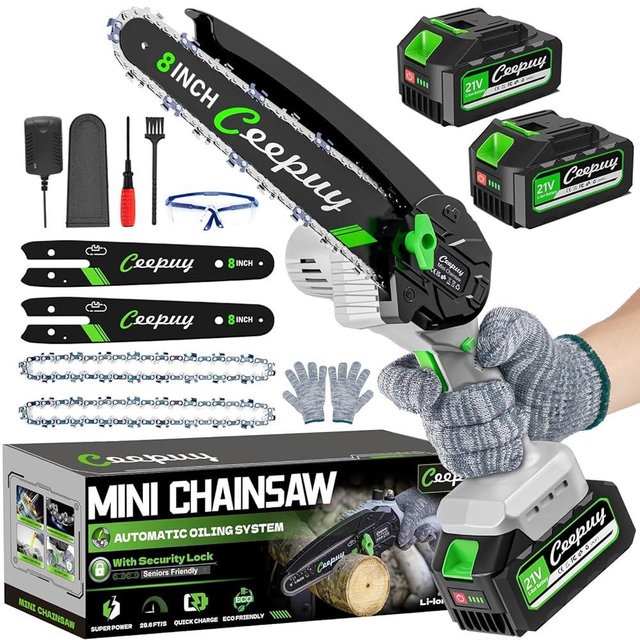 Mini Chainsaw Cordless 8 Inch with 2x 4000mAh Batteries, Portable Electric Chain Saw, Automatic Oiler, Battery Powered Small Handheld Saw, Security Lock Trees Branches Trimming, Wood Cutting, 2025