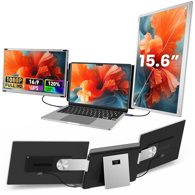 UK BONITOYS 15.6" Laptop Screen Extender, 1080P FHD Laptop Monitor Extender with 120% sRGB, 235°Rotation Detachable Dual Monitor, Plug & Play, Triple Screen Compatible with Windows, Mac, Chrome