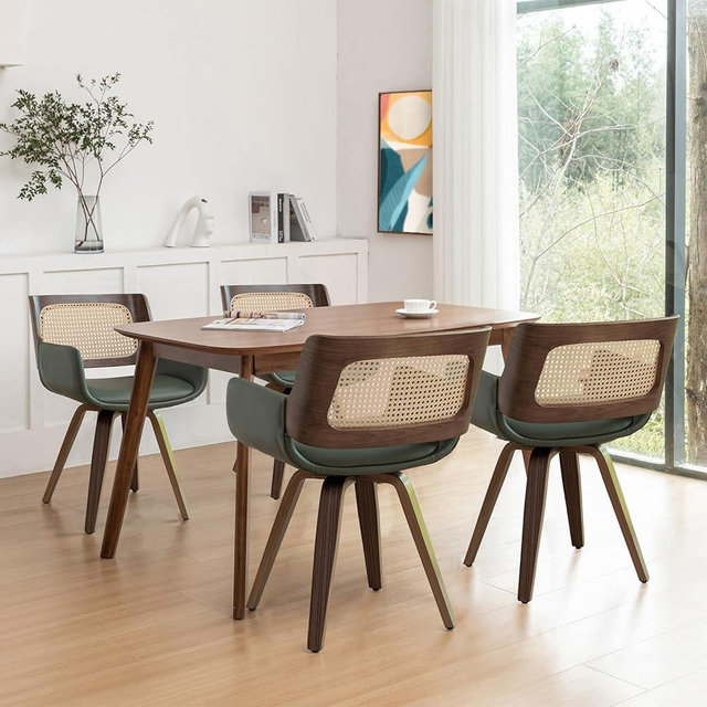 Set of 4 Dining Room Chairs with Arms - Swivel Cane Dining Chairs with Ergonomic Rattan Back, Walnut Bentwood Frame, Curved Arms, Versatile for Restaurant/Living Room/Kitchen (Walnut Green)