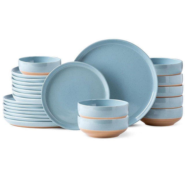 AmorArc Ceramic Dinnerware Sets for 8, 24 Pieces Handpainted Plates and Bowls Set with Rustic Terracotta Underside, Scratch Resistant Stoneware Dishes Set, Dishwasher & Microwave Safe, Stone Blue