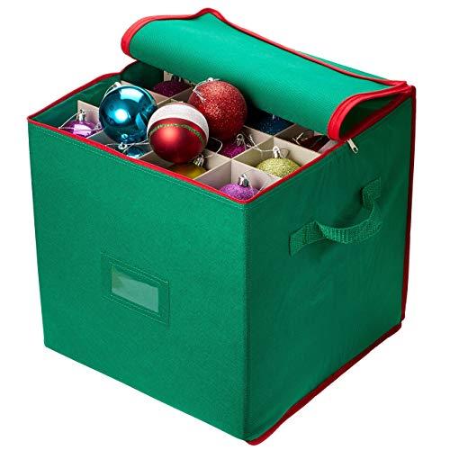 Christmas Ornament Storage - Stores up to 64 Holiday Ornaments, Adjustable Dividers, Zippered Closure with Two Handles. Attractive Storage Box Keeps Holiday Decorations Clean and Dry for Next Season.