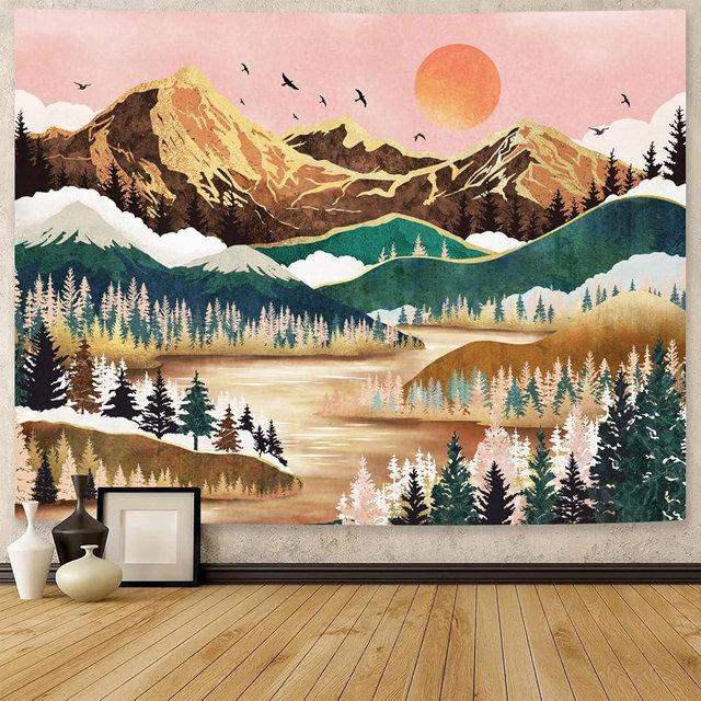 Neasow Mountain Tapestry, Nature Forest Tree Lake Landscape Tapestries SunSet Orange and Green Wall Decor for Home Bedroom 60×80 inch
