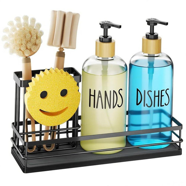 Moforoco Kitchen Dish Soap Dispenser Set, 16OZ Glass Bottle, Hand and Dish Soap Dispenser Set, Instant Dry Tray, Non-Slip Silicone Pad, Brush Holder with Sponge Holder, Kitchen Decor（Clear Bottle）