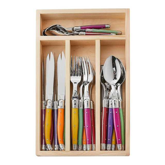 Jean Dubost Laguiole 24-Piece Everyday Flatware Set, Fruity Handles - Rust-Resistant Stainless Steel - Includes Wooden Tray - Made in France