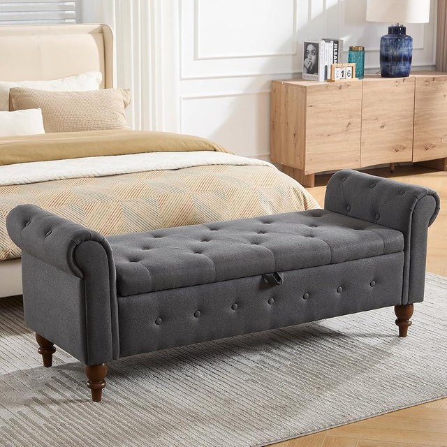 GNIXUU 63" End of Bed Storage Bench for Bedroom, Upholstered Ottoman Seat with Storage for Living Room, Window, Entryway, Grey Linen