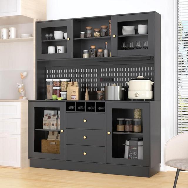 VOWNER Pantry Cabinet, Kitchen Storage Cabinet, Freestanding Buffet Hutch with Pegboard, Cup Holder, Power Outlet, 4 Doors & 3 Drawers, Cupboard with Microwave Shelf & Wine Racks (Black)