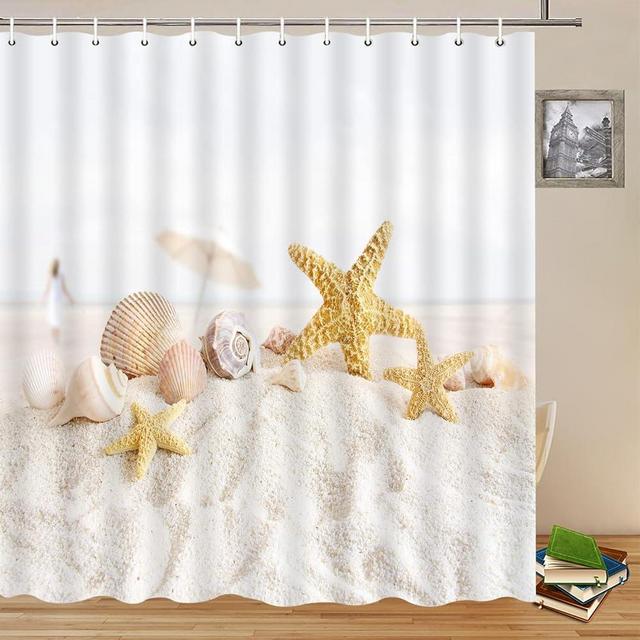 Ocean Beach Shower Curtains Summer Sea Scenery Starfish Conch Shell Seaside Landscape Bathroom Decor Polyester Fabric Home Bath Cloth Hanging Curtain Sets 70 x 70 Inch with Hooks