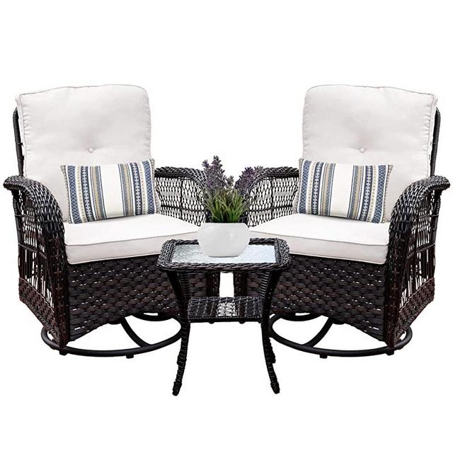 Harlie & Stone Outdoor Swivel Rocker Patio Chairs Set of 2 and Matching Side Table - 3 Piece Wicker Patio Bistro Set with Premium Fabric Cushions