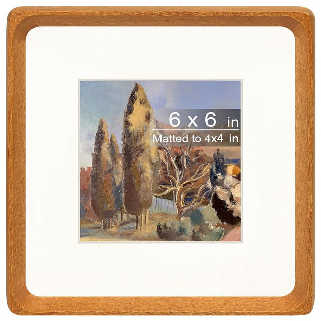 Gdfmsc Square 6x6 Picture Frame with Mat for 4x4, Natural Teak Wood Handcrafted Rounded Corner with Real Glass, Vertical or Horizontal Display Photo Gallery Wall & Tabletop Frame