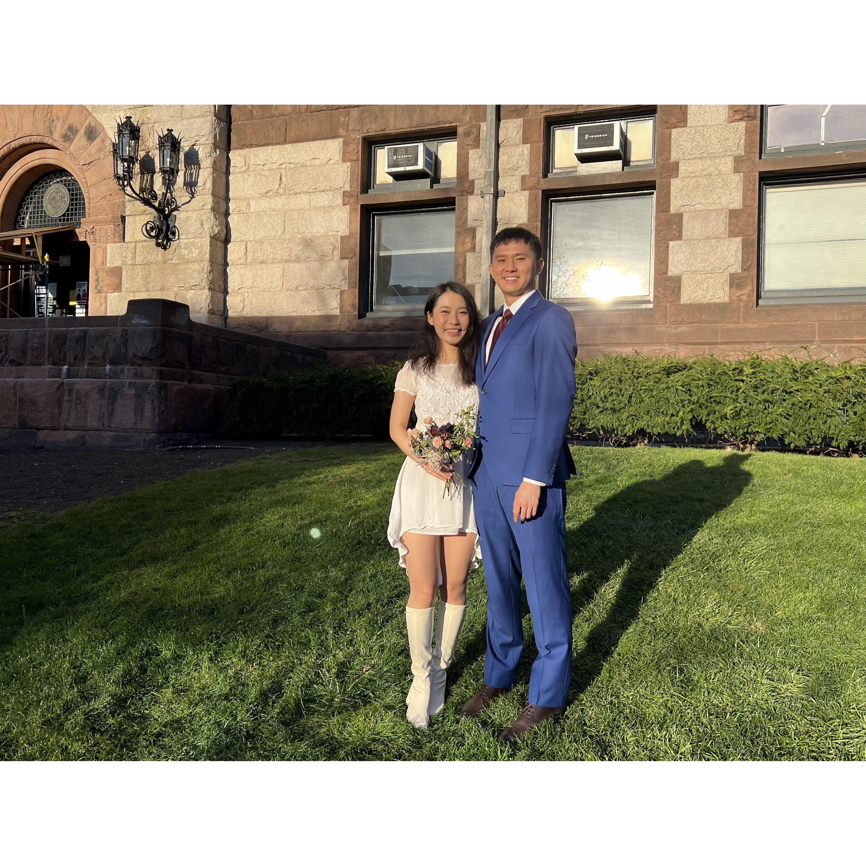 2022: We eloped at Cambridge city hall. Amy's sister officiated, and Edwin's mom captured it all