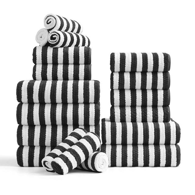 18-Piece Microfiber Bath Towels Set - 6 Bath Sheet, 6 Hand Towels, 6 Washcloths, Soft, Highly Absorbent Bathroom Towel, Quick Dry & Less Lint Shower towel for Bathroom, Hotel, Spa, Dorm-Black White