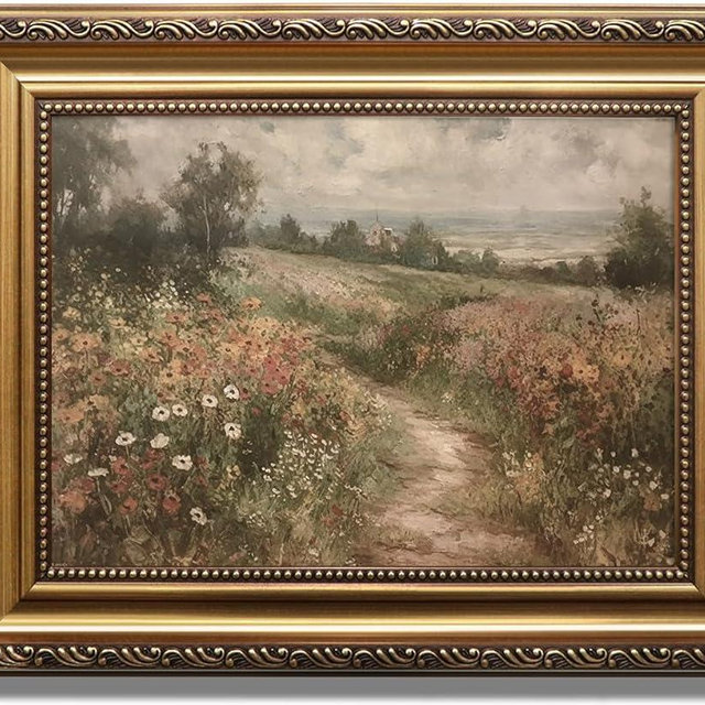 KBKBART Gold Framed Canvas Wall Art for Living Room, Vintage Countryside Wildflower Field Painting Farmhouse Decor, Retro Nature Wilderness Canvas Art Prints for Wall Decor, Rustic Landscape Wall Decor for Bathroom, Bedroom Living Room, Vintage Art Wall Decor(9"x12")