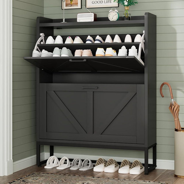 GRUSIGN Shoe Cabinet, Shoe Storage Cabinet with 2 Flip Drawers & Adjustable Shelf, Space-Saving Shoe Organizer – Holds 16+ Pairs, Narrow Shoe Cabinet Storage for Entryway/Hallway（Black）