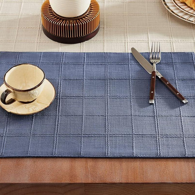 ZeeMart Linen Checked Placemats Set of 4, Plaid Embroidery Textured Table Mats, Double Layer Thick Farmhouse Rustic Place Mats for Kitchen Dining Table Home Decor, Blue 13x19 Inch