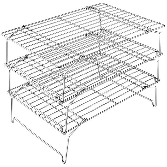 3-Tier Cooling Rack Set, P&P CHEF Stackable Stainless Steel Baking Cooling Roasting Cooking Racks for Cake, Pastry, Bread, Meat, Bacon, Collapsible & Thick wire, Oven & Dishwasher Safe - 15’’x10’’
