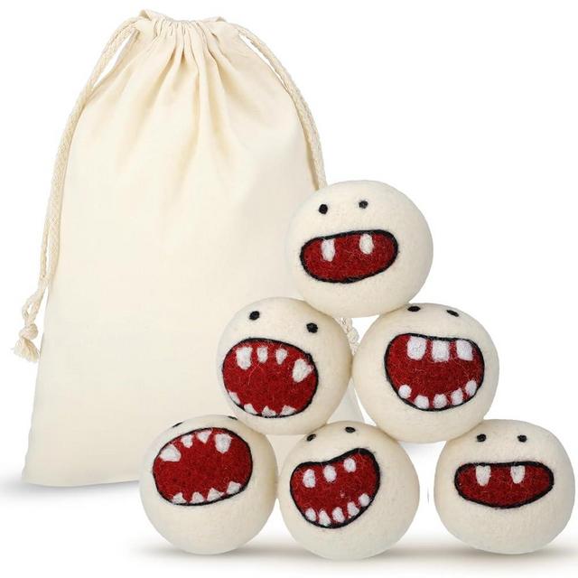 Soulchen 6 Pack Reusable Wool Dryer Balls with Cute Monster Design, Laundry Accessories for Efficient Drying Soften Laundry Reduce Wrinkles Static Pet Hair Remover