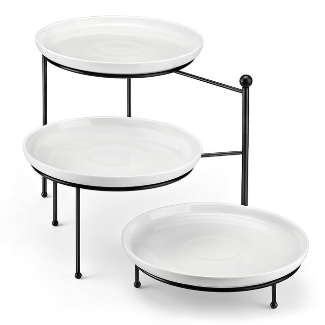 MALACASA 3 Tier Serving Tray Stand, 10" Porcelain Tiered Dessert Stand, Cupcake Fruit Display Tower, Space Saving Metal Rack, Ceramic Serving Platters for Party Kitchen Counter