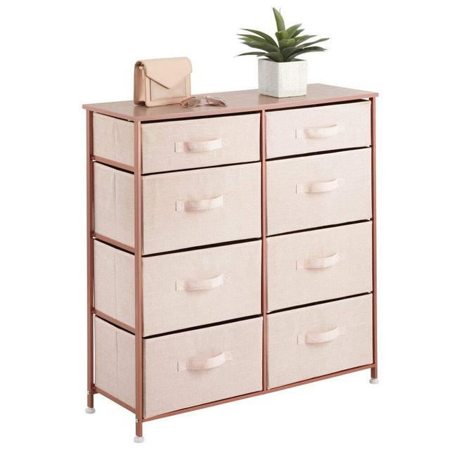 mDesign Storage Dresser Furniture Unit - Tall Standing Organizer for Bedroom, Office, Living Room, and Closet - 8 Slim Drawer Removable Fabric Bins - Light Pink/Rose Gold