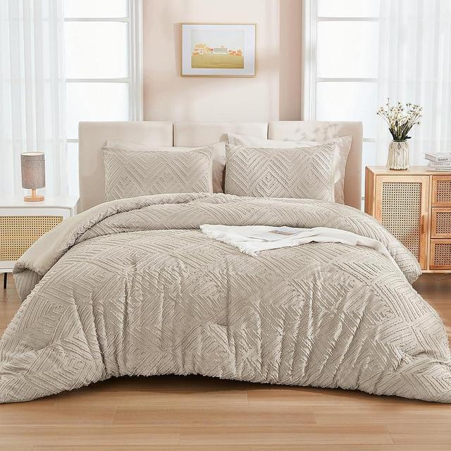Andency Oatmeal King Size Comforter Set, 3 Pieces Boho Bedding Set & Collections, Farmhouse Tufted Fluffy Bedding Comforter Sets for All Seasons (1 Comforter 104x90In, 2 Pillowcases)