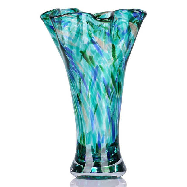 9.0" H Teal Glass Vases for Flowers, Hand Blow Glass Vase Teal Home Decor, Wide Mouth Green Flower Vase Centerpieces, for Bookshelf,Dinner Table,Indoor Office Desktop,Meeting Room,Bathroom,Countertop