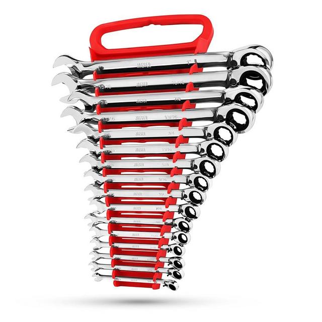 Jaeger 16pc INCH/SAE Reversible Ratcheting Combination Wrench Set With Lock-In Rack - REVERSIBLE MASTER SET With Ratchet Speed Wrenches And A Lock In Rack Case