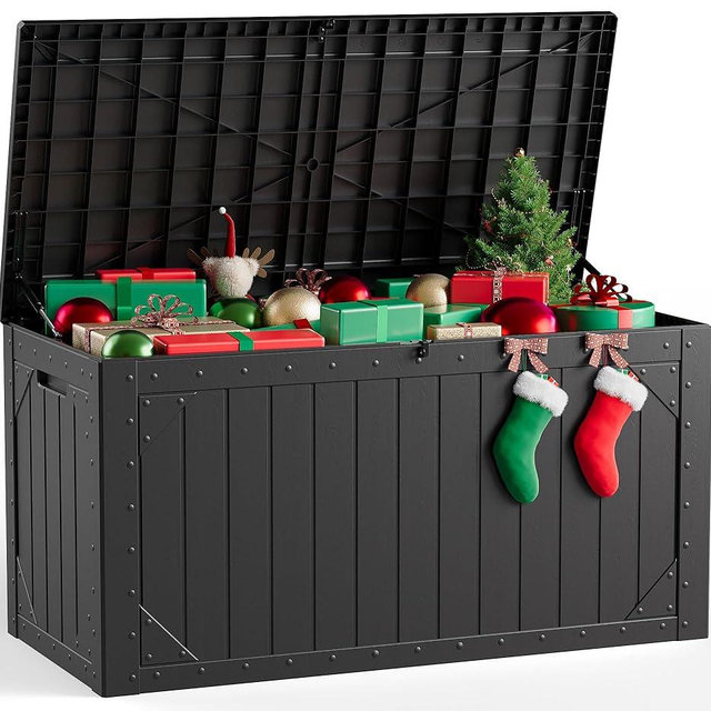 MAKE CHANGES Outdoor Storage Box, 100 Gallon Deck Box Outdoor Storage Bench Outside Waterproof Resin Storage Bench, Lockable Patio Cushions, Garden Tools Storage For Furniture, UV Resistant(Black)