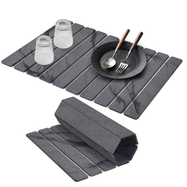 Large Stone Dish Drying Mats for Kitchen Counter, 24"(L)×16"(W) Marble-Pattern Dish Drying Mat, Eco-Friendly Absorbent Diatomaceous Earth Mats for Dishes Bottles Cups, Match Any Countertop - Dark Gary