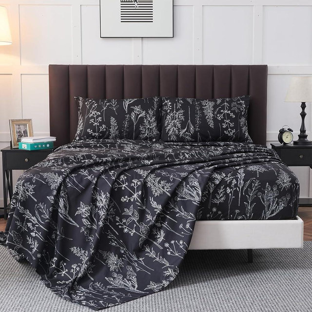 HYPREST Darkgrey Sheets Queen,18 inches Deep Pocket Sheets, 1800 Thread Count Pattrn Bed Sheets Soft Breathable Cute Printed Boho Farmhouse Bed Sheets, Oeko-Tex Certificated
