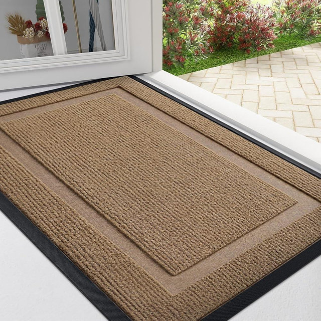 OLANLY Front Door Mat Indoor Outdoor Entrance, Waterproof All-Season, All-Weather Doormat, Sturdy Natural Rubber, Fade Resistant, Low Profile, Easy Clean Patio Porch Entryway Mat, 29.5x17, Light Brown