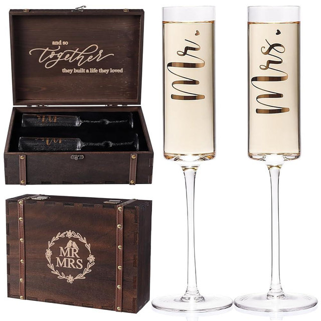 Physkoa Wedding Champagne Flutes-Toasting Mr and Mrs Champagne Glasses with Keepsake Box– Bride and Groom Champagne Glasses