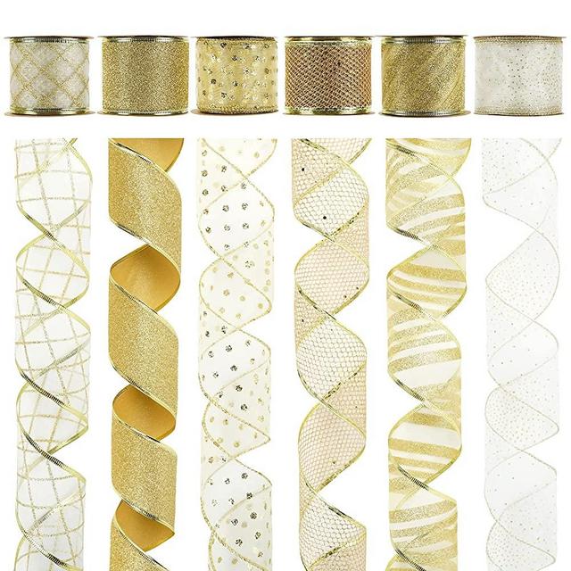 MEEDEE Gold Ribbon 2.5 Inch Christmas Ribbon 6 Rolls 36 Yards Organza Sheer Ribbon Mesh Ribbon Metallic Glitter Decorating Gift Wrapping Ribbon Bow Perfect for A Tree Topper Wreath Mailbox Swag