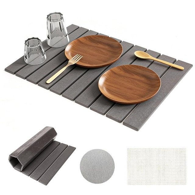 Large Stone Drying Mat for Kitchen Counter, 24"×16", Foldable Super Absorbent Stone Dish Drying Mat for Tableware, Bottles and Cups, Non Slip Diatomaceous Stone Bath Mat (Dark Gray)