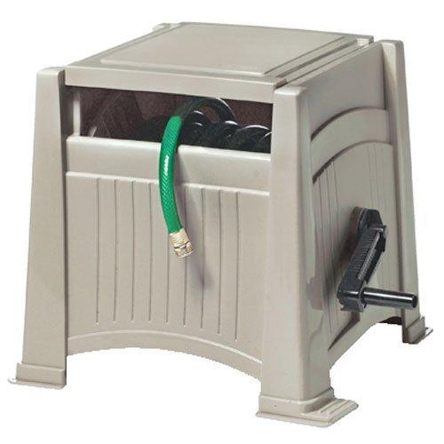 Suncast Resin Outdoor Hose Hideaway with Lid - Durable Hose Storage Reel with Crank Handle, Watertight Connection, and Lid - 165' Hose Capacity - Taupe