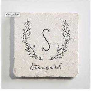 Farmhouse Floral Personalized Tumbled Stone Coaster Set - Custom with Name & Initial, Set of 4 Marble Stone Coasters, Wedding Gifts, Housewarming Gift Ideas, Bar Table Décor
