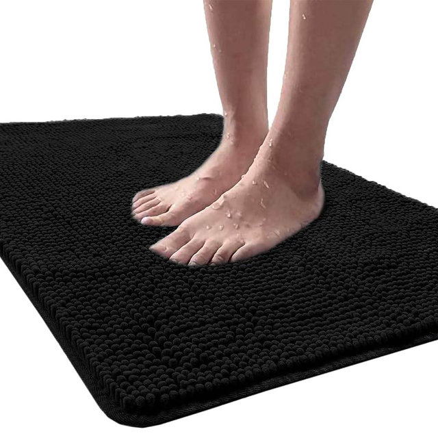 LOCHAS Luxury Bathroom Rug Shaggy Bath Mat 24 x 36 Inch, Washable Non Slip Bath Rugs for Bathroom Shower, Soft Plush Chenille Absorbent Carpets Mats, Black