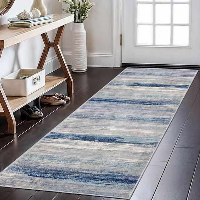 KOZYFLY Modern Abstract Kitchen Runner Rug, 2x6 Washable Rug Runner Non-Slip Soft Striped Hallway Runner Rugs, Blue/Grey/Beige Print Distressed Carpet Runner for Entryway Bathroom Laundry Room Foyer