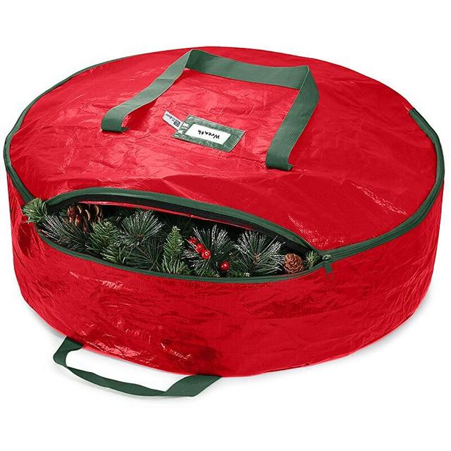 ZOBER Christmas Wreath Storage Bag 24" - Water Resistant Fabric Storage Dual Zippered Bag for Holiday Artificial Christmas Wreaths, 2 Stitch-Reinforced Canvas Handles, Card Slot for Labeling (Red)