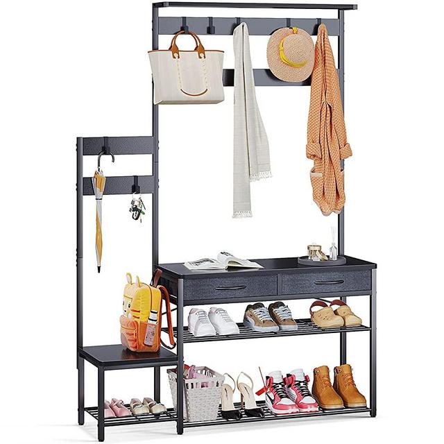 Hall Tree with Bench and Shoe Storage, Entryway Bench with Coat Rack Freestanding, 3-in-1 Entryway Rack with 2 Drawers, Metal Frame, Side Hooks for Entrance, Foyer, Mudroom (Black)