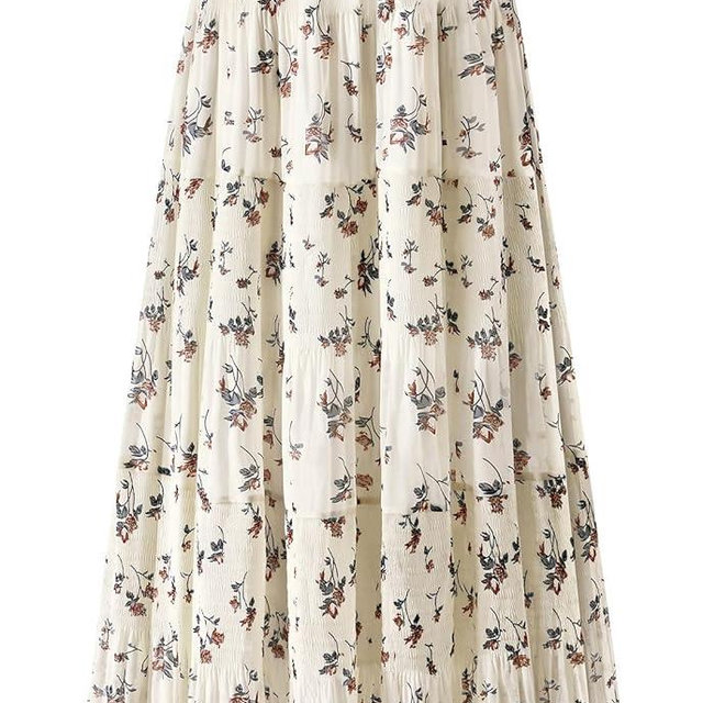 Wielsscca Maxi Skirts for Women Pleated Long Flowy Chiffon Elastic Waist Tiered A Line Skirt