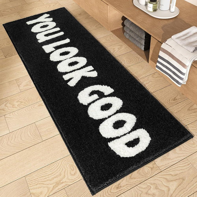 UNIBATH You Look Good Bath Mat Black and White Bathroom Rugs Funny Cute Bathroom Decor Preppy Small Cool Rug Non Slip Microfiber Washable Absorbent Shower Rug, 25”x21”